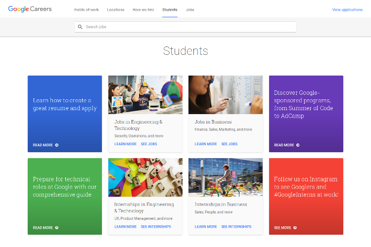 Screenshot of Google Careers Students page
