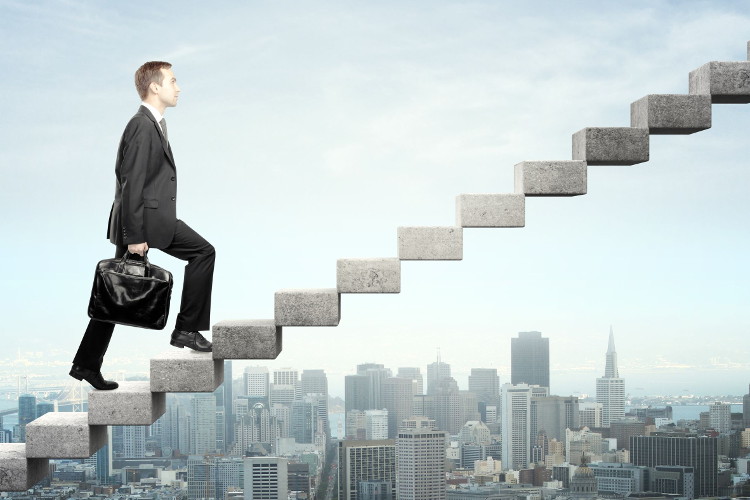 Job seeker climbing ladder to a great career